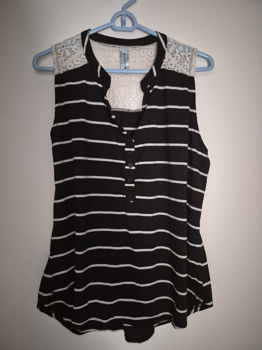 Sleeveless Black & White Stripe Lace-Shoulder Top